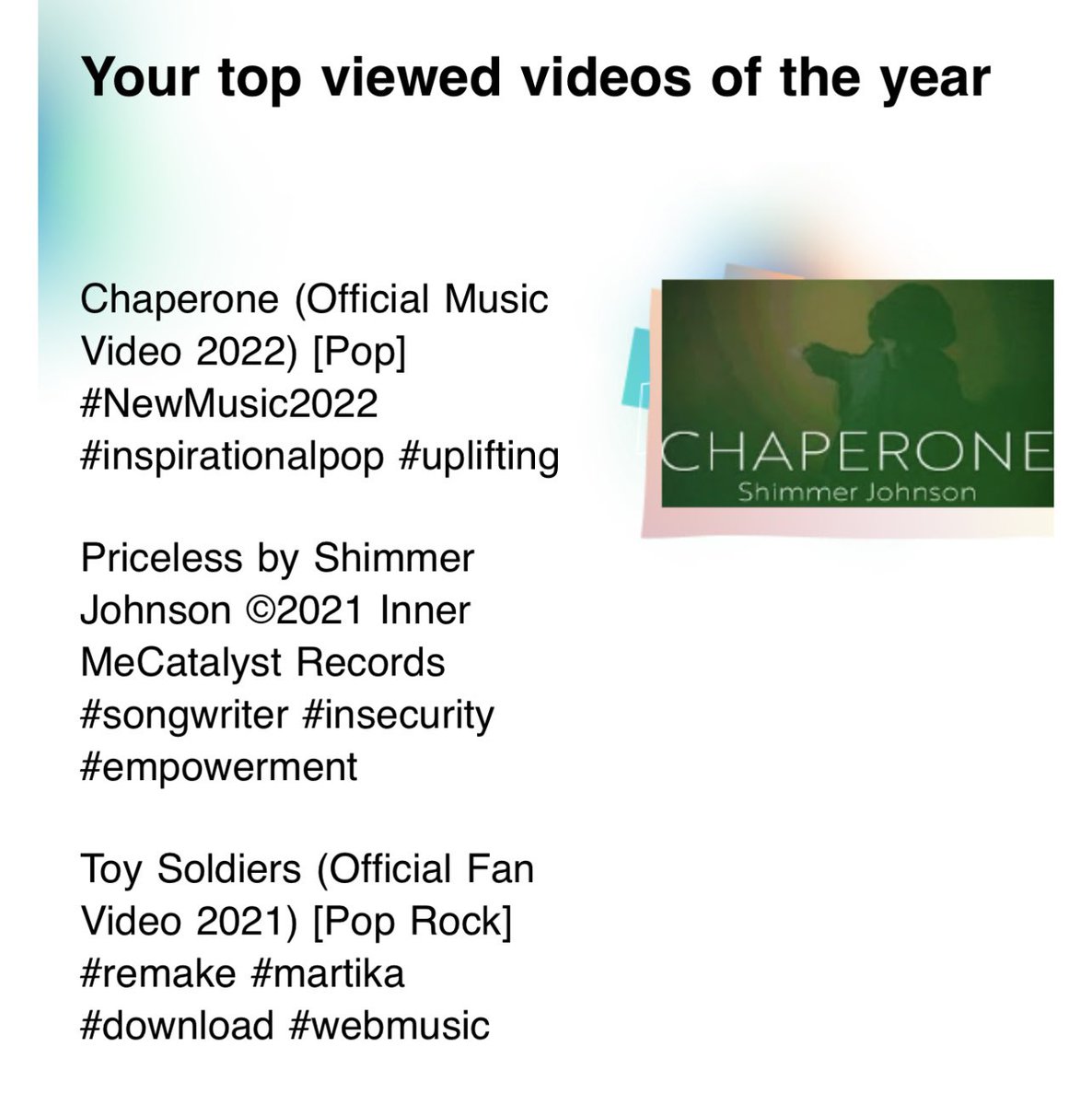 Shimmer Johnson (@shimmer_johnson) on Twitter photo My Top Videos of the year
1. Chaperone with <a href="/tedperlman/">Ted “Theo” Perlman #🟦</a>
2. Priceless
3. Toy Soldiers with <a href="/MartikaTunes/">Martika</a> and <a href="/michaeljaysongs/">Michael Jay</a>
With <a href="/YouTube/">YouTube</a> thanks 🙏 2022 was a great year !! Here’s to more !! My Top Videos of the year
1. Chaperone with <a href="/tedperlman/">Ted “Theo” Perlman #🟦</a>
2. Priceless
3. Toy Soldiers with <a href="/MartikaTunes/">Martika</a> and <a href="/michaeljaysongs/">Michael Jay</a>
With <a href="/YouTube/">YouTube</a> thanks 🙏 2022 was a great year !! Here’s to more !!