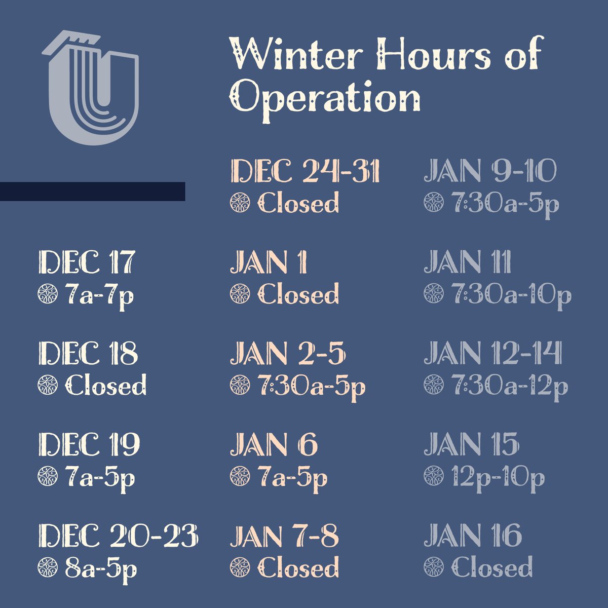 UNTUnion's tweet photo. Here are the hours of operation during winter break! #unt #unt22 #unt23 #unt24 #unt25 #unt26 #denton #untunion #winterbreak #hoursofoperation https://t.co/Dx3zxavTcd