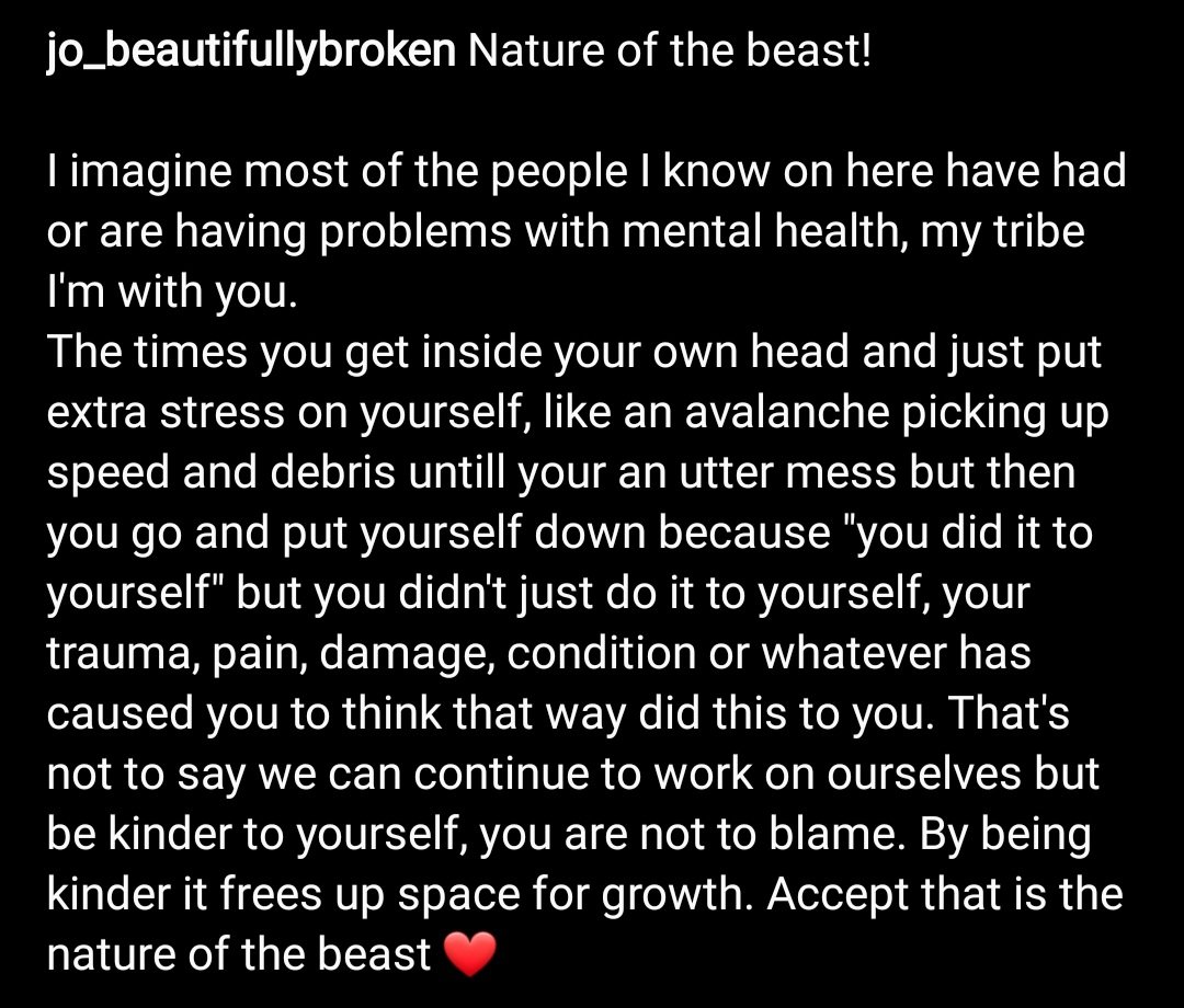 JoannaCash11's tweet photo. #natureofthebeast
#blame #inyourhead #condition #trauma #damage #pain #bekindertoyourself #accept #grow #bipolar #bipolarclub #mentalhealth #PTSD #bpd #beautifulybroken https://t.co/T0V7JR9oac