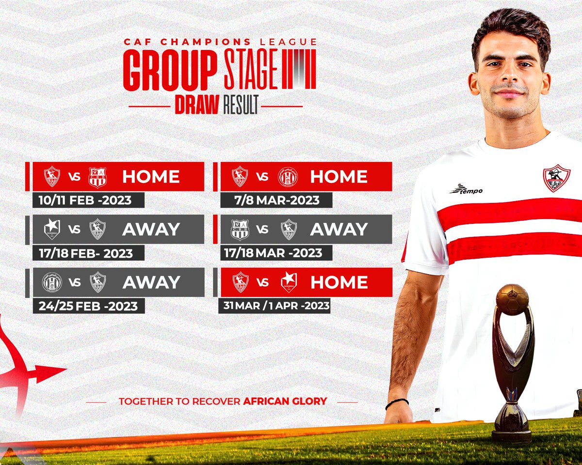 إليكم مواعيد مباريات الزمالك في دور المجموعات بدوري أبطال افريقيا. 🏹 

#Zamalek #MostTitledIn20C | #الزمالك