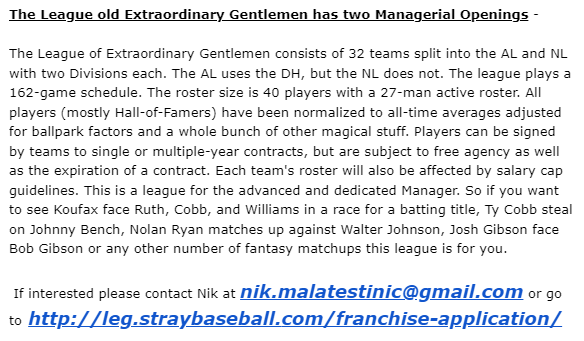 DoubleTakeCast's tweet photo. Openings in a great BBW league. #apbagames #apbabaseball #retrogaming #computerbaseball #mlb @SABRbballgaming https://t.co/kRPF7HFShU