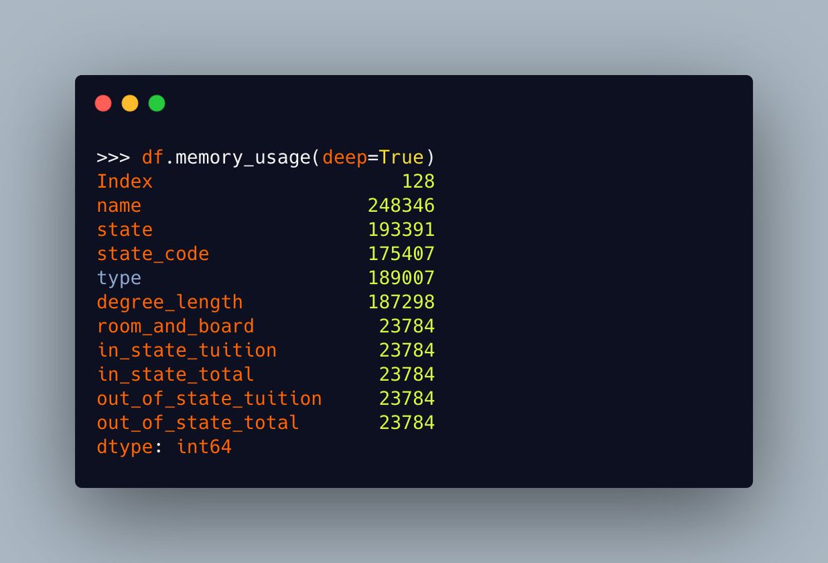 driscollis's tweet image. You can tell Pandas to look a bit deeper at its column memory using the following:

`df.memory_usage(deep=True)`

This will give you the bytes used per variable