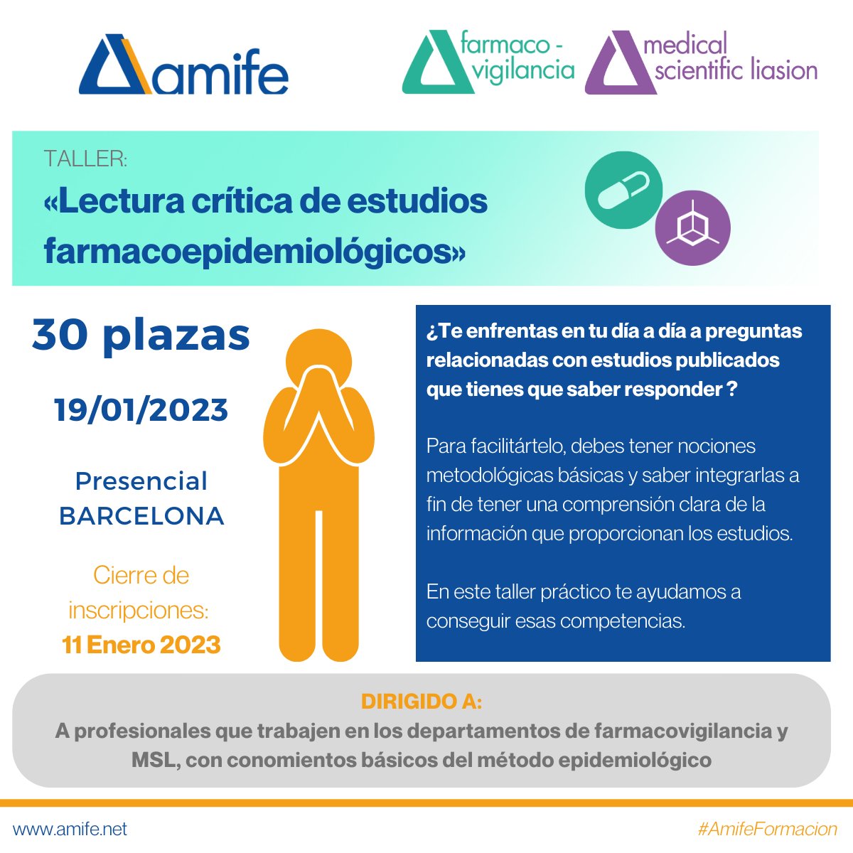 Últimas plazas para "Lectura crítica de estudios famacoepidemiológicos" dirigido a profesionales que trabajen en departamentos de #farmacovigilancia y #MSL con conocimientos básicos #métodoepidemiológico
🔵Barcelona 19/01/23
🔵30 plazas
ℹ️: amife.net/events/taller-…
#Amifeformacion