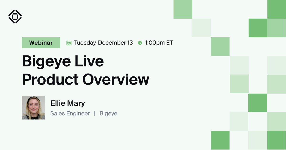 👀 Interested in checking out the Bigeye data observability platform? Join us tomorrow at 1:00pm ET for a live walkthrough!

Register now: hubs.la/Q01vFBrt0

#webinar #dataobservability #datareliability