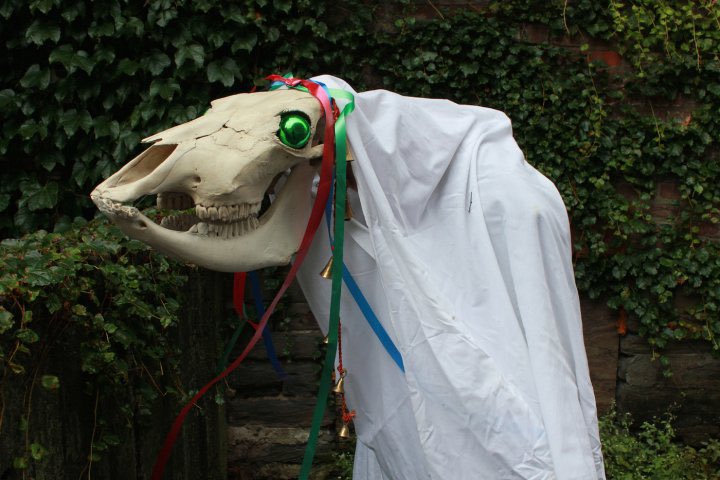 iconawrites's tweet photo. “Spooky season is over,” you say? Let me introduce you to the Mari Lwyd, the Welsh skeleton horse that goes from door to door during the Christmas season having rhyming contests in exchange for food and drink. https://t.co/Q4mIUFUF0y