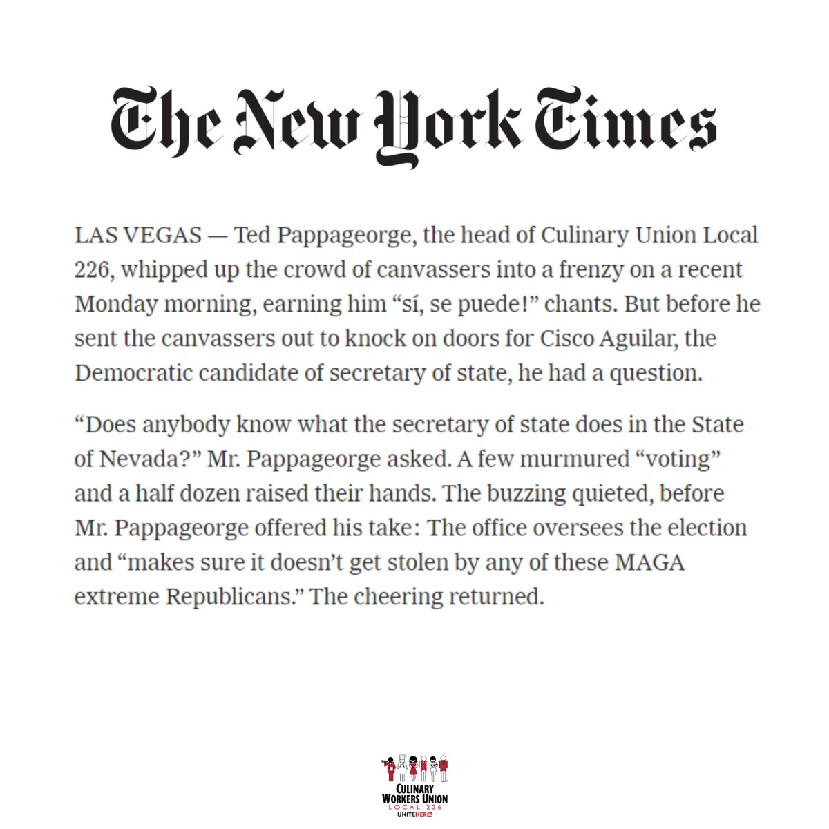 Culinary226's tweet image. .@TedP226 whipped up the crowd of canvassers into a frenzy on a recent Monday morning, earning him “sí, se puede!” chants before sending canvassers out to knock on doors for @CiscoForNevada, the newly elected Secretary of State.
📰 nytimes.com/2022/10/21/us/…