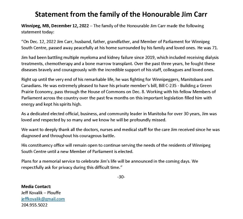 Statement on the passing of the Hon. Jim Carr.