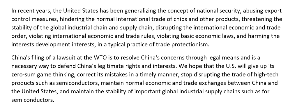 Paul Triolo (@pstasiatech) on Twitter photo The head of the Department of Treaty and Law of the Ministry of Commerce answered a reporter's question on China's WTO lawsuit against the United States for abusing export control measures to restrict trade in chips and other products
mofcom.gov.cn/article/syxwfb… The head of the Department of Treaty and Law of the Ministry of Commerce answered a reporter's question on China's WTO lawsuit against the United States for abusing export control measures to restrict trade in chips and other products
mofcom.gov.cn/article/syxwfb…