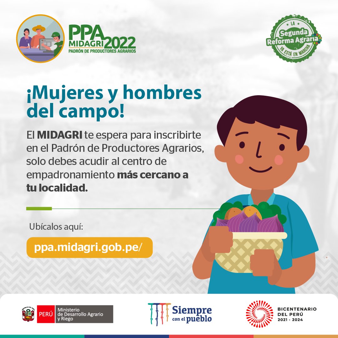 midagriperu's tweet image. 👩‍🌾🧑‍🌾 Mujeres y hombre del campo que aún no se inscriben en el Padrón de Productores Agrarios, ubica el centro de empadronamiento más cercano aquí: ppa.midagri.gob.pe