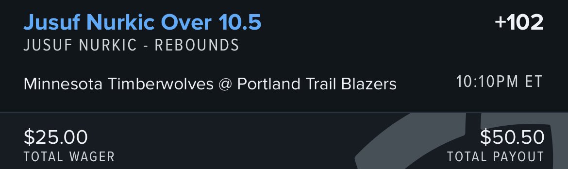 First ever official NBA bet!

Jusuf Nurkic o10.5 Rebounds.

Just ate against the Twolves 2 days ago with 15 boards. He’s only hit this number 3/10 last games, but had 10 3 times during that period. Hoping Gobert is a bum tonight

#GamblingTwitter https://t.co/D6OmmLUUKZ
