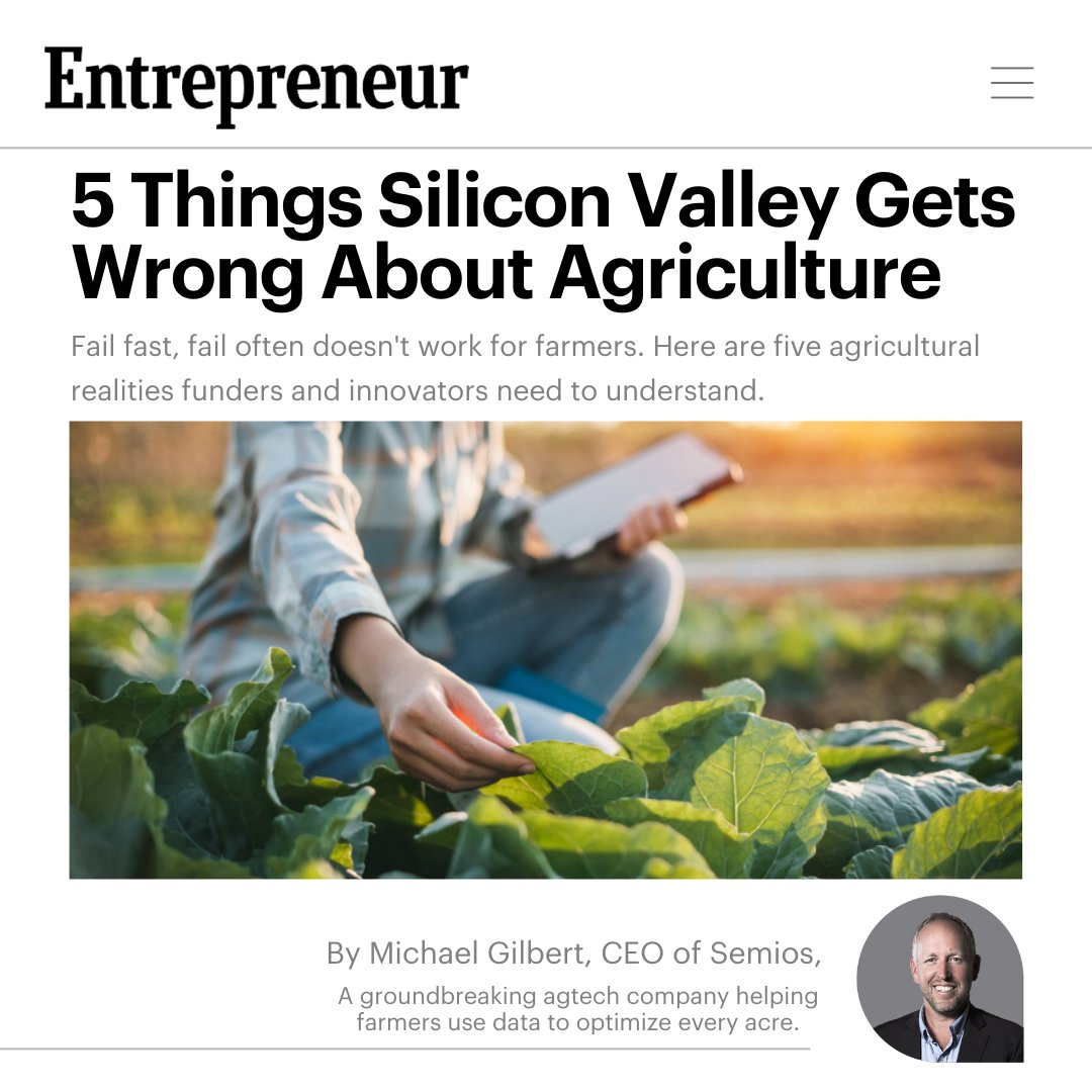 Michael Gilbert, Founder of Semios (@mginvan) on Twitter photo An important topic that all agtech investors and innovators need to be talking about: what Silicon Valley gets wrong about agriculture.
Excited to be featured in <a href="/entrepreneur/">Entrepreneur</a> sharing more: entrepreneur.com/science-techno… An important topic that all agtech investors and innovators need to be talking about: what Silicon Valley gets wrong about agriculture.
Excited to be featured in <a href="/entrepreneur/">Entrepreneur</a> sharing more: entrepreneur.com/science-techno…