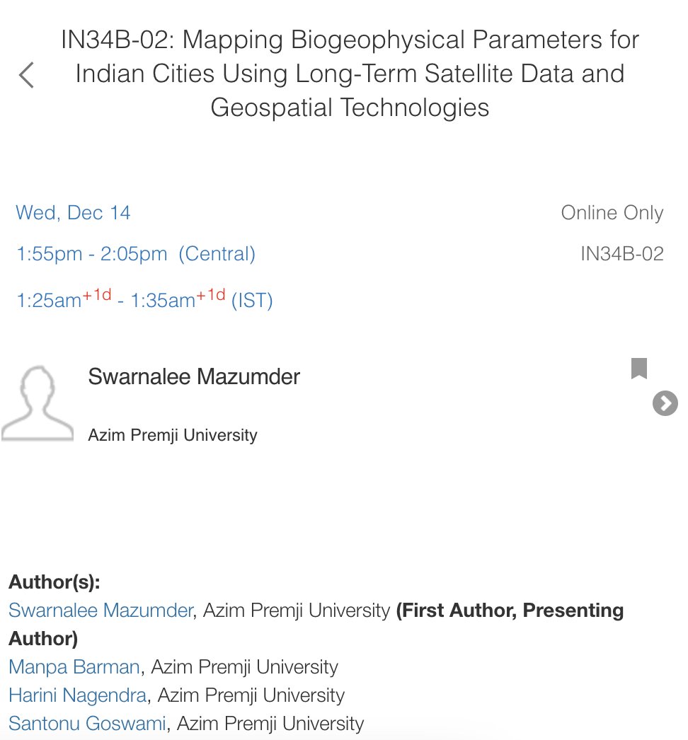 Super excited to present (albeit virtually) our @manpa_97 work on Mapping Biogeophysical Parameters Using Satellite Data and Geospatial Technologies at #AGU22. Drop by to hear me talk about it on Wed 14 at 20:55! @theAGU @ClimateResearch @HariniNagendra