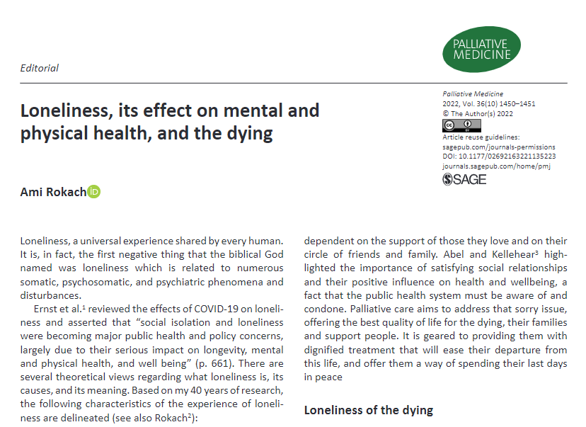 There is a growing awareness that, as one becomes disconnected from one’s social world and others who may feel shut out of their life, one is left to die alone. #hpm #hapc #palliativecare journals.sagepub.com/doi/full/10.11…