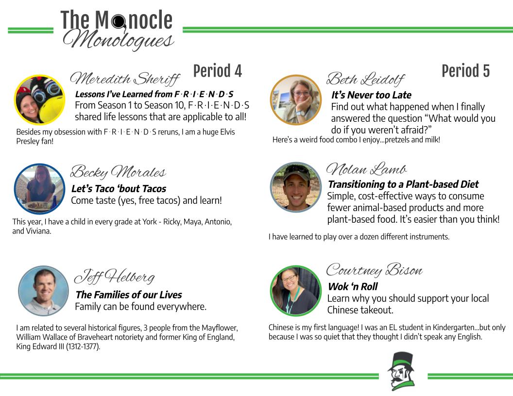 Can't wait for #MonocleMonologues on Friday! 

Nine (!!) York staff members will present about their passions outside of education to their colleagues.

<a href="/ElmhurstD205/">Elmhurst CUSD 205</a> <a href="/YorkD205/">York High School</a>