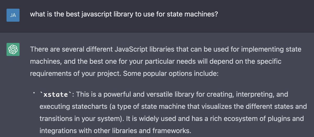 JacquesKFu's tweet photo. what is the best library to use for state machines? ChatGPT knows the answer @DavidKPiano @statelyai https://t.co/gUSitrJnh7