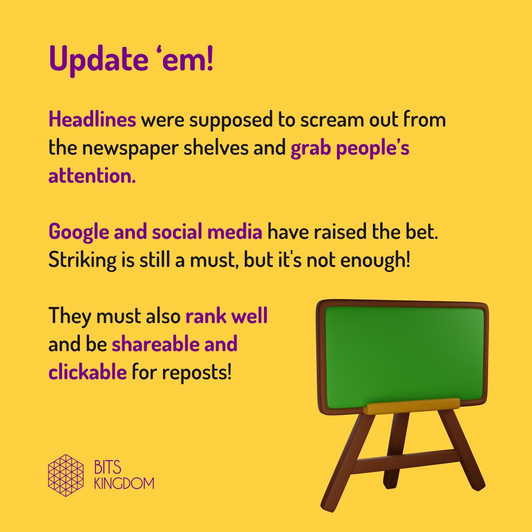 BitsKingdom's tweet photo. π₯ Even if you spent hours researching and adding value to your article, it takes one lousy headline to ruin it all!
π° Our headline tips will help you master the most crucial part of your article!
#bitstips #content #SEOtips #keywords #copywriting #digitalmarketing