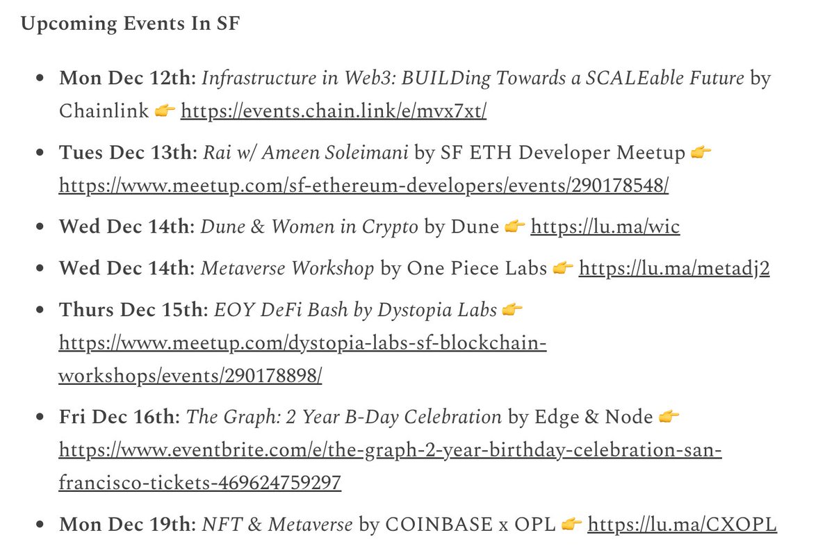 AvgApp's tweet image. Upcoming Events in San Francisco 

✨Dec 12th Meetup @chainlink 
✨Dec 13th Meetup @SkaleNetwork
✨Dec 14th Meetup @DuneAnalytics 
✨Dec 15th Meetup @DystopiaLabs 
✨Dec 16th Meetup @graphprotocol 
✨Dec 19th Meetup @coinbase 

Read Here: 
dystopialabs.substack.com/p/average-this…