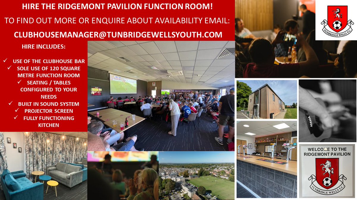 HIRE THE RIDGEMONT PAVILION!  Our versatile function room is available for hire - from family parties and business meetings to wedding receptions and reunion nights.  If you are interested email clubhousemanager@tunbridgewellsyouth.com