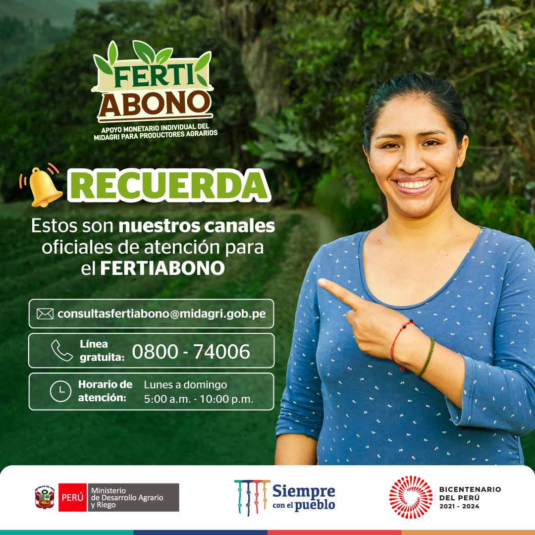 midagriperu's tweet image. Si tienes dudas o consultas sobre el #FERTIABONO, recuerda que puedes llamar gratir al  📞0800 74006 o escribir al correo 📩 consultasfertiabono@midagri.gob.pe