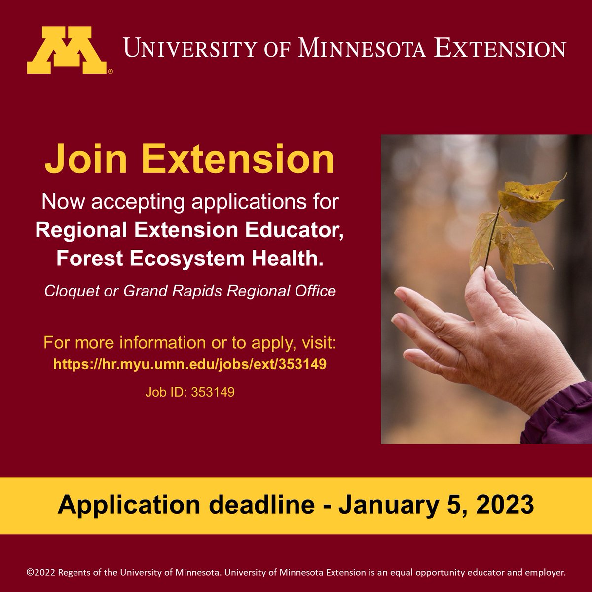 esagor's tweet image. Our @UMNExtNR Extension Forestry team is hiring! Seeking a Regional Extension Educator to focus on forest ecosystem health in Minnesota. 

Please spread the word!

hr.myu.umn.edu/jobs/ext/353149
