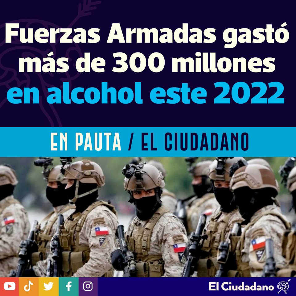 El_Ciudadano's tweet photo. 🔴 Este 2022, las Fuerzas Armadas ha adquirido $310.896.083 en cerveza, licores, vinos y espumantenes, según los últimos datos de Mercado Público.

Puedes leer más aquí 👉 https://t.co/n81gNjxPKU https://t.co/855x7mZGiY