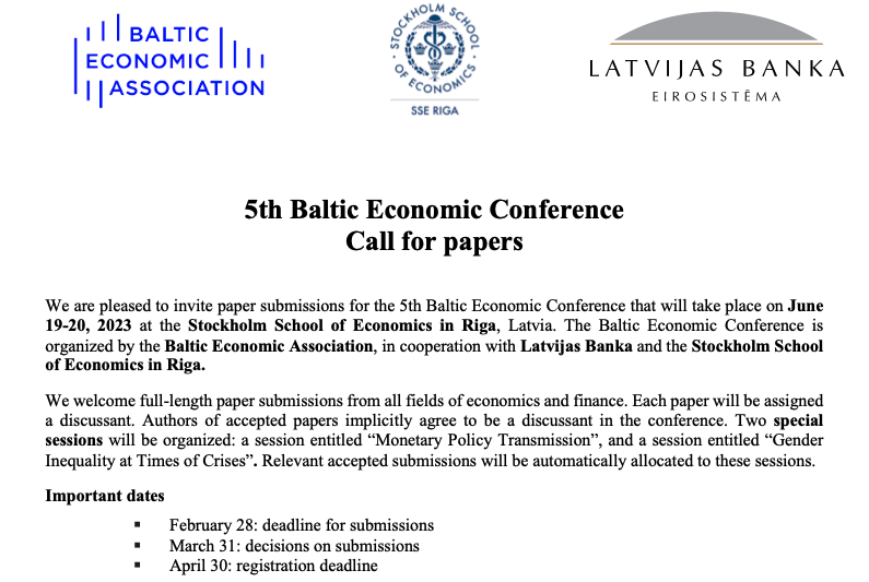 Baltic Economic Association (@balticeconomic) on Twitter photo We are pleased to invite you to the 5th Baltic Economic Conference! Riga June 19-20 2023 organized by
<a href="/SSE_Riga/">SSE Riga</a> & <a href="/LatvijasBanka/">Latvijas Banka</a> Keynote <a href="/BJavorcik/">Beata Javorcik</a> (<a href="/EBRD/">The EBRD</a> <a href="/OxfordEconDept/">Department of Economics, Oxford</a>) conf2023.balticecon.org <a href="/VU_LT/">Vilnius University</a> <a href="/TallinnTech/">TalTech - Tallinn University of Technology</a> <a href="/Lietuvosbankas/">Lietuvos bankas</a> <a href="/EestiPank/">Eesti Pank</a> @ktuspace <a href="/ISM_University/">ISM University of Management and Economics</a> <a href="/unitartu/">University of Tartu</a> We are pleased to invite you to the 5th Baltic Economic Conference! Riga June 19-20 2023 organized by
<a href="/SSE_Riga/">SSE Riga</a> & <a href="/LatvijasBanka/">Latvijas Banka</a> Keynote <a href="/BJavorcik/">Beata Javorcik</a> (<a href="/EBRD/">The EBRD</a> <a href="/OxfordEconDept/">Department of Economics, Oxford</a>) conf2023.balticecon.org <a href="/VU_LT/">Vilnius University</a> <a href="/TallinnTech/">TalTech - Tallinn University of Technology</a> <a href="/Lietuvosbankas/">Lietuvos bankas</a> <a href="/EestiPank/">Eesti Pank</a> @ktuspace <a href="/ISM_University/">ISM University of Management and Economics</a> <a href="/unitartu/">University of Tartu</a>