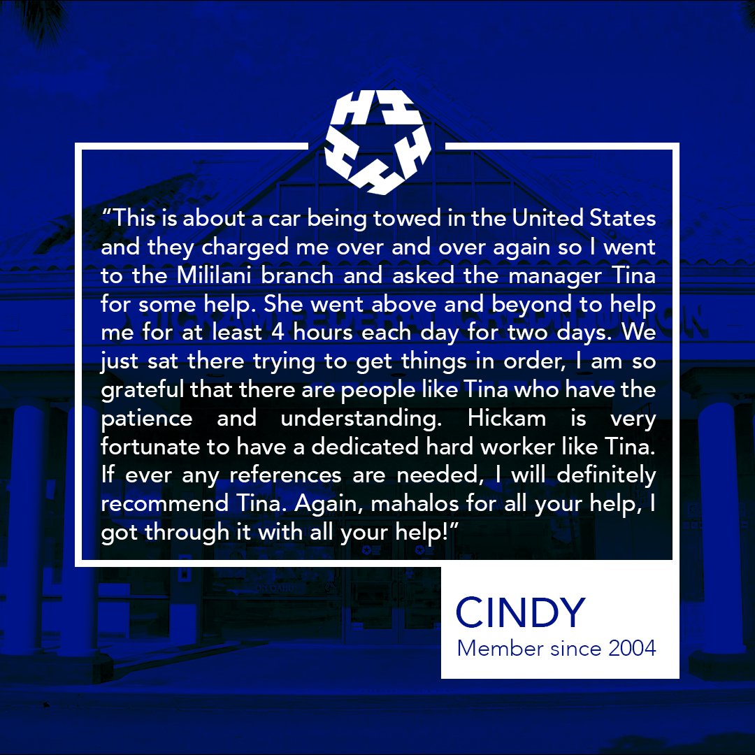 We're here to help make it better, together. Thank you for sharing your story, Cindy!

#HickamFCUMemberStories