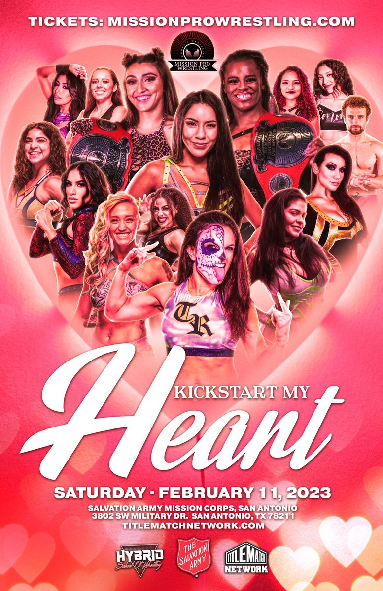 ♥️ SHOW ANNOUNCEMENT!!! ♥️ 

Kickstart the new year with Mission Pro’s first show of 2023! 

SAVE THE DATE #MPWKickstartMyHeart on FEBRUARY 11th in San Antonio!!! 

Tickets available at missionprowrestling.com! 

#WomensWrestling #MissionPro #MissionProWrestling #Wrestling
