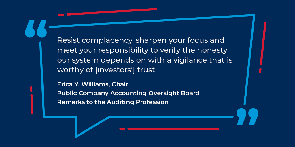PCAOB_News's tweet photo. In a speech today, PCAOB Chair Erica Y. Williams discussed a troubling increase in audit deficiencies and issued a challenge to the auditing profession to reverse those trends by upholding the highest standards in audit quality: https://t.co/Ftk7RNsvDD #AICPAsec https://t.co/CE6sVBdS3L