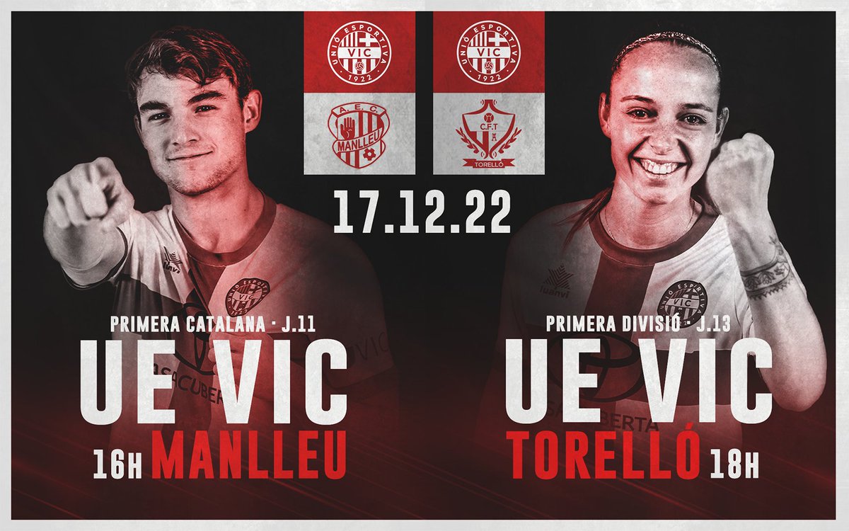 ⚔️ 𝑫𝒐𝒃𝒍𝒆 𝒄𝒊𝒕𝒂! 🔥

🆚 <a href="/AECManlleu/">AEC Manlleu</a>
🕓 16.00h
🏟 Estadi Hipòlit Planàs

🆚 @CFTorello
🕓 18.00h
🏟 Annex. Mpal. de Vic

#SomUEVic 🔴⚪
#1cat1 #futbolcat #futfem