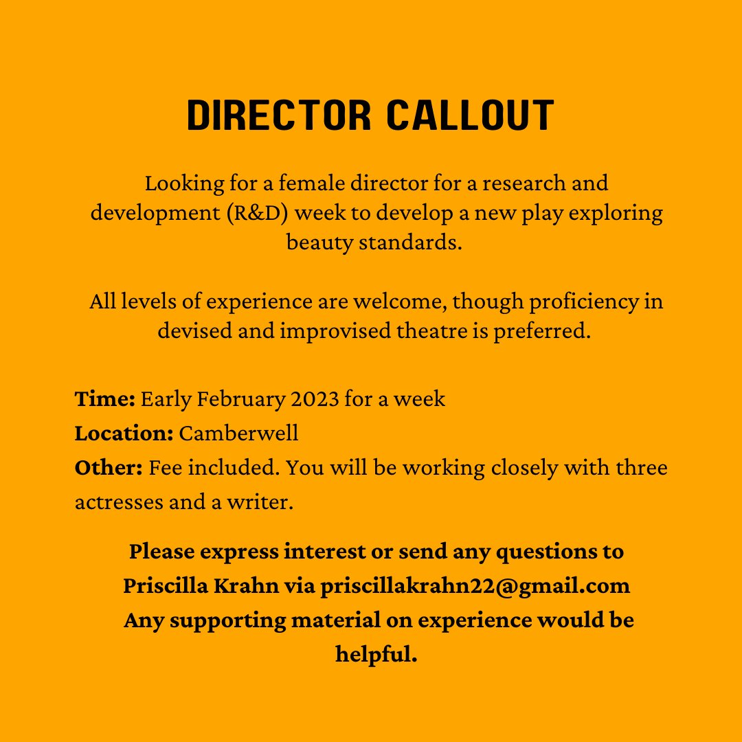 prissywithlove's tweet image. DIRECTOR CALLOUT 📢📢📢

I’m looking for a female director to work with early next year for a R&amp;amp;D on a new play exploring beauty standards. 

Please get in touch via email or share with anyone that might be interested!