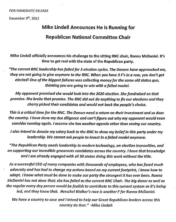 Mike Lindell officially announces his challenge to the sitting RNC chair.