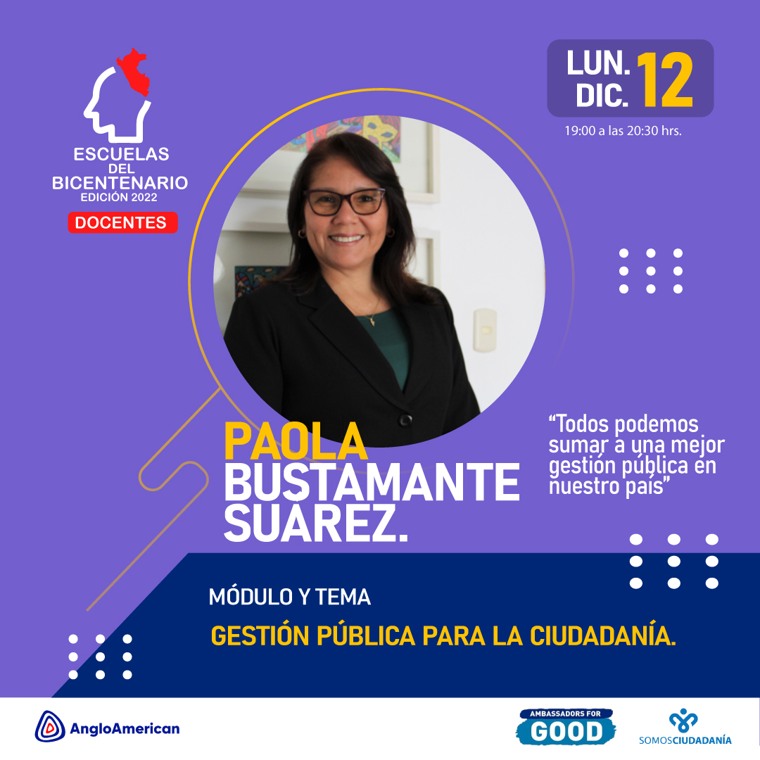 Becarios y becarias, no se pierdan la ponencia de Mgtr. Paola Bustamante Suárez <a href="/BustamantePao18/">Paola Bustamante S.</a> con el tema Gestión publica para la ciudadanía. 

Te esperamos en el horario establecido.

<a href="/CiudadaniaSomos/">Somos Ciudadanía</a> en alianza con <a href="/AngloAmericanPE/">Anglo American Perú</a>  <a href="/CAFAmerica/">CAF America</a>  y <a href="/PYXERAGlobal/">Pyxera Global</a>

 #Moquegua