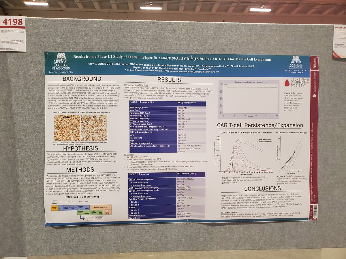 Stop by our MCL poster <a href="/timfenske/">Tim Fenske</a> will be presenting tonight! 10 patients with R/R MCL s/p bispecific CAR20.19 T cells. ORR 100%, no relapses to date, median follow up 20 months! <a href="/MediHumdani/">Mehdi Hamadani, MD</a> #ASH22