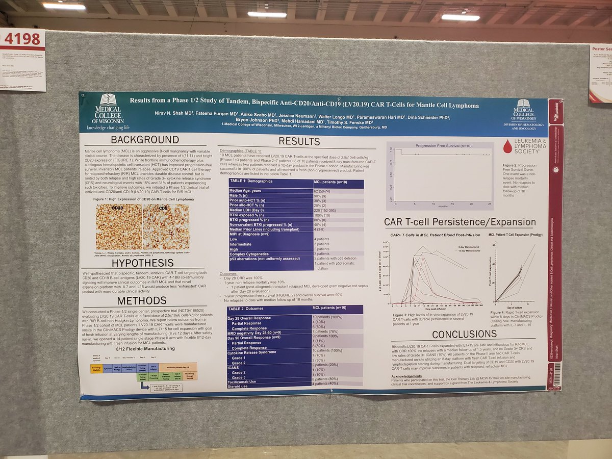 Stop by our MCL poster @timfenske will be presenting tonight! 10 patients with R/R MCL s/p bispecific CAR20.19 T cells. ORR 100%, no relapses to date, median follow up 20 months! @MediHumdani #ASH22