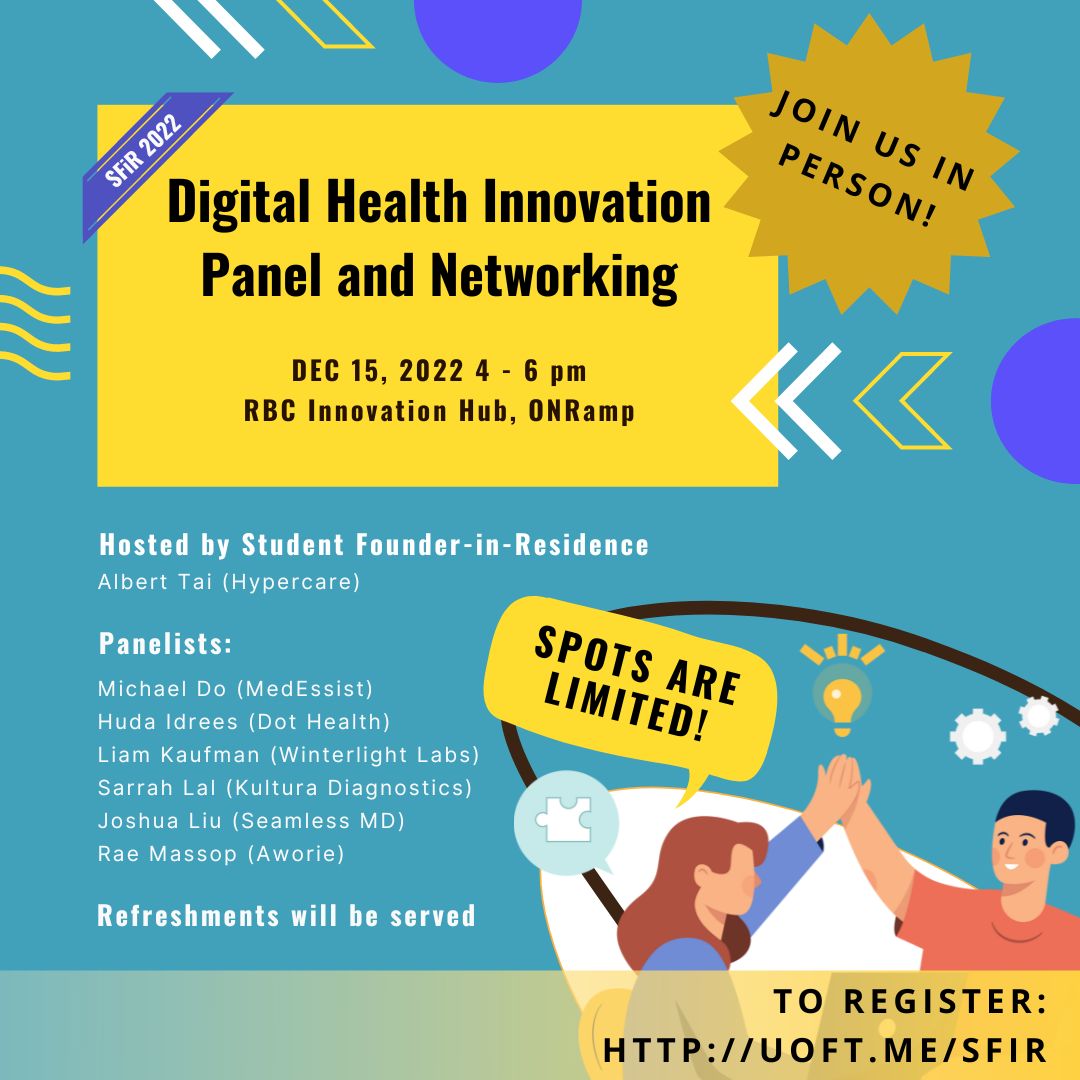 Learn how to build a business in healthcare from some of UofT’s most experienced health tech entrepreneurs. Join student founder-in-residence Albert Tai, &amp; panelists at the digital health innovation event. uoft.me/sfir <a href="/uoftlibraries/">U of T Libraries</a> @uoftstartup @utscthebridge