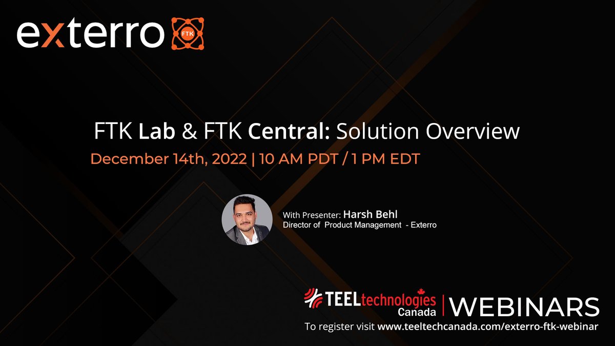 🚨 Join us Dec 14th at 10 am PDT for our final webinar of 2022 "FTK Lab &amp; FTK Central Solution Overview " with <a href="/ExterroFTK/">ExterroFTK</a>'s Harsh Behl. 
Register here - bit.ly/ftk-webinar
#digitalforensics #digitalforensictools