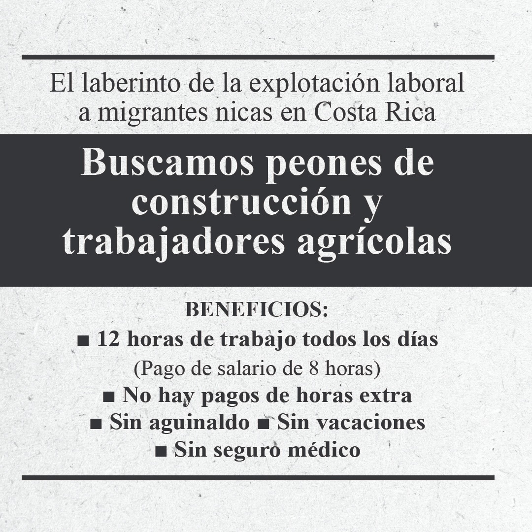 ¿Aplicarías a esta oferta laboral? A miles de migrantes nicaragüenses en #CostaRica no les queda otra opción. Ellos conforman la parte más desprotegida de un sector donde se mueven cientos de millones de dólares, pero se hace casi por la libre, sin mayores controles del Estado.