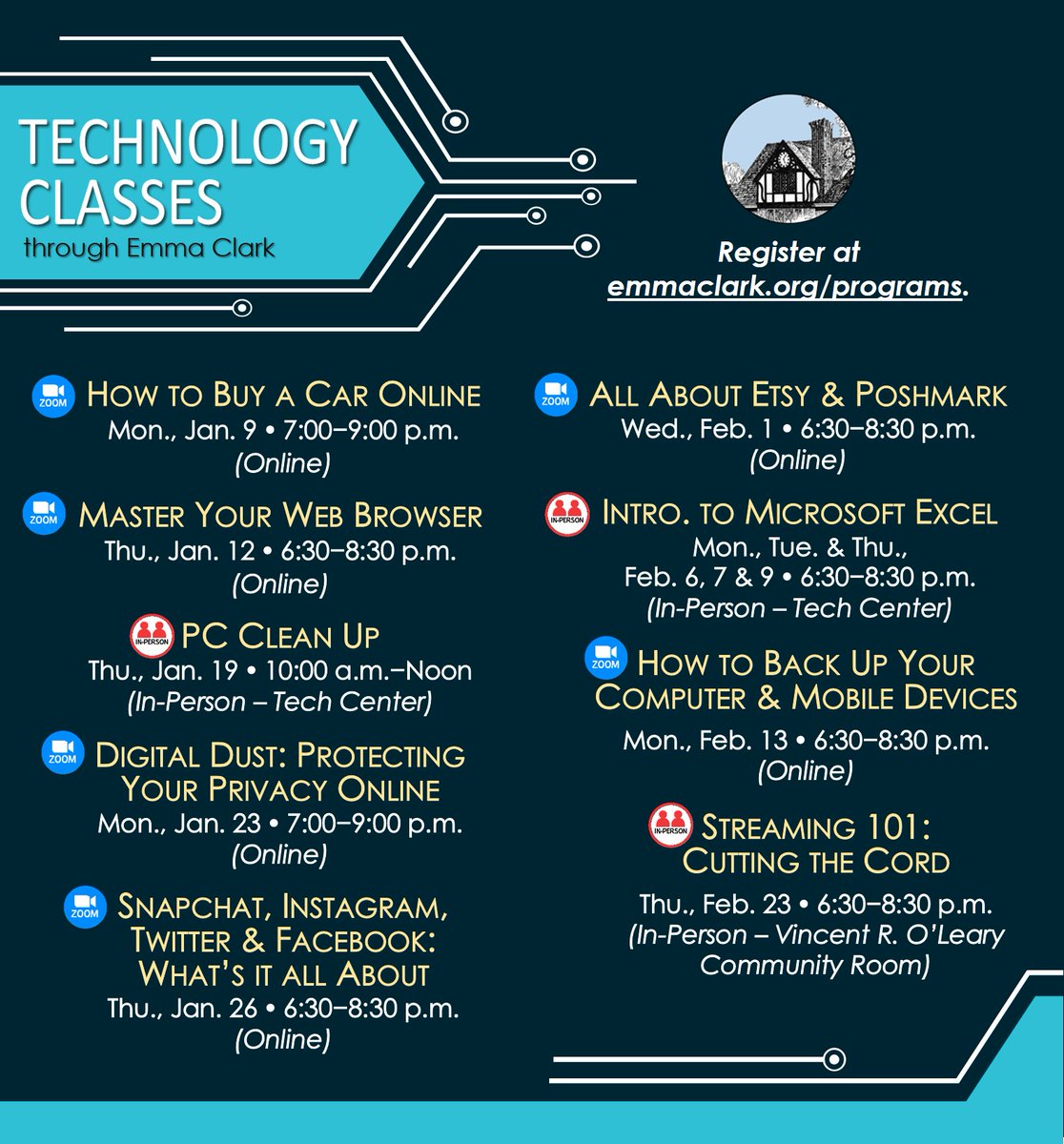 Escml's tweet photo. Have you seen our computer &amp; technology classes for the new year? 💻📱 We have both in-person and online options.
Register at https://t.co/ev6XE6lOSA.

#ComputerClasses #TechnologyClasses #LifelongLearning https://t.co/wpVsAx2njx