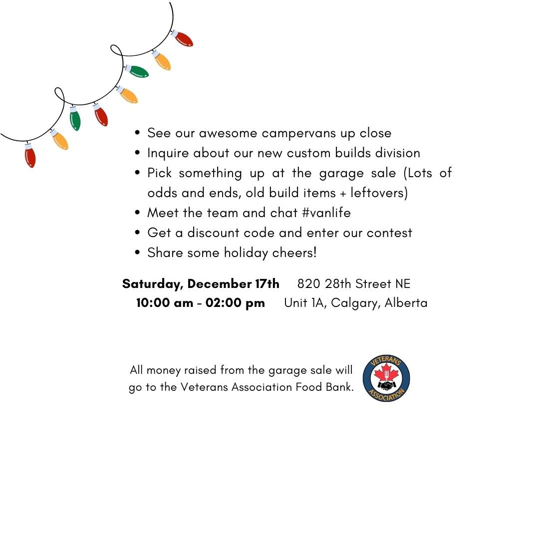 karmacampervans's tweet photo. We're opening the doors at our #Calgary location for our first ever WINTER OPEN HOUSE and GARAGE SALE in support of the Veterans Association Food Bank. 

Sat. Dec 17. 10am-2pm. 

Bring a food donation and let’s chat #vanlife! 🙌🚐🥫#yyc #yycevents https://t.co/SCHd495v4k