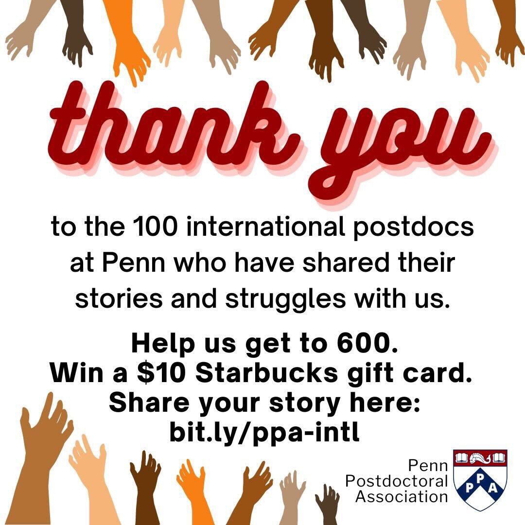 Hi #PennPostdocs!

If you are an International Postdoc, please share your stories to help guide our advocacy efforts.

Link to the survey- bit.ly/ppa-intl

Last date: Dec 23, 2022

#ppa #internationalpostdocs #Penn