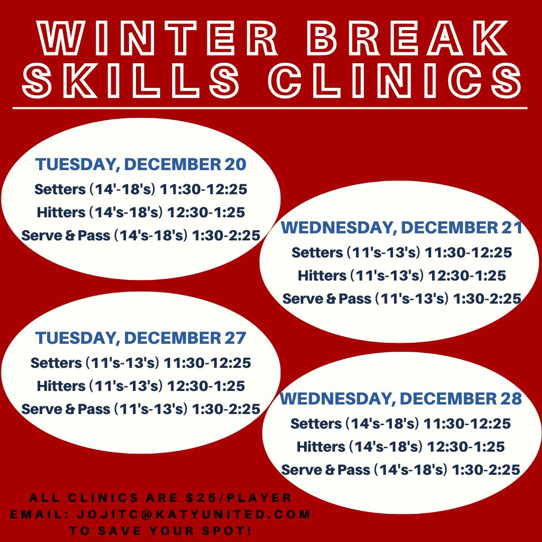 Katy United (@katyunitedvb) on Twitter photo SKILLS CLINICS start next week!!
Find your time and dates according to your position and age group. You must email jojitc@katyunited.com to make payments and reserve your spot in the clinic. See you there! SKILLS CLINICS start next week!!
Find your time and dates according to your position and age group. You must email jojitc@katyunited.com to make payments and reserve your spot in the clinic. See you there!