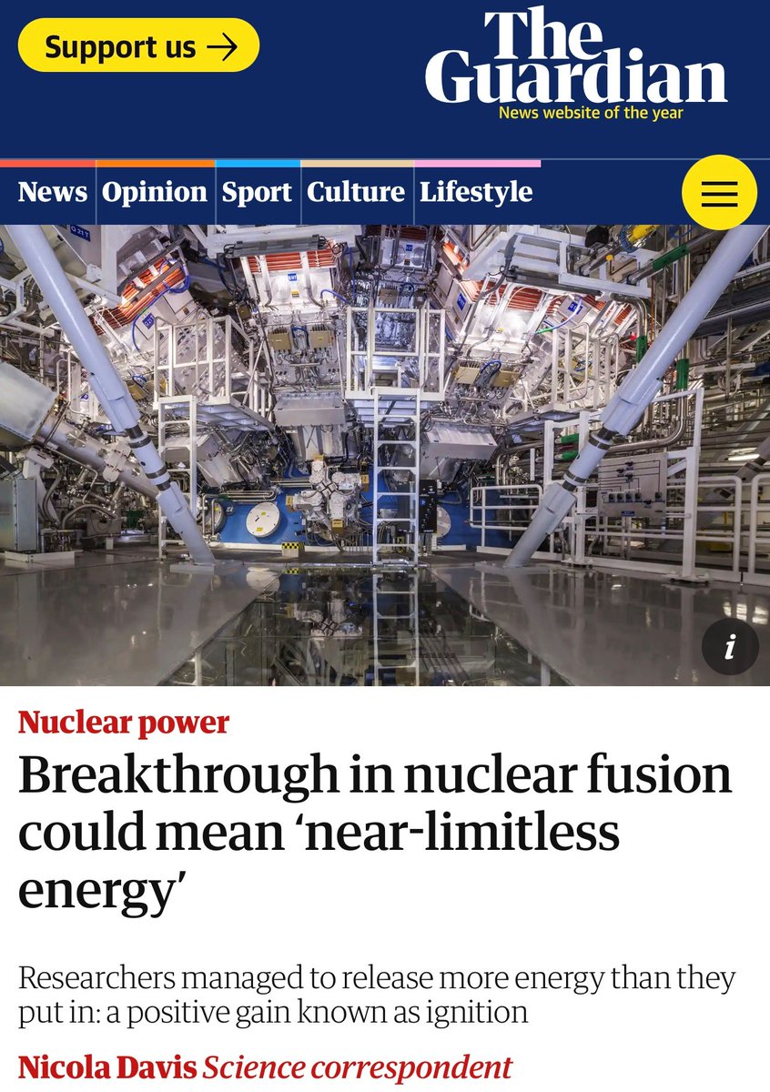 ianbremmer's tweet photo. reports say the lawrence livermore national laboratory in california achieved the impossible: 
creating a positive energy gain from nuclear fusion (aka what fuels the sun) 

almost limitless carbon-free power? 
possible game changer for humanity https://t.co/HGMcCha8eM