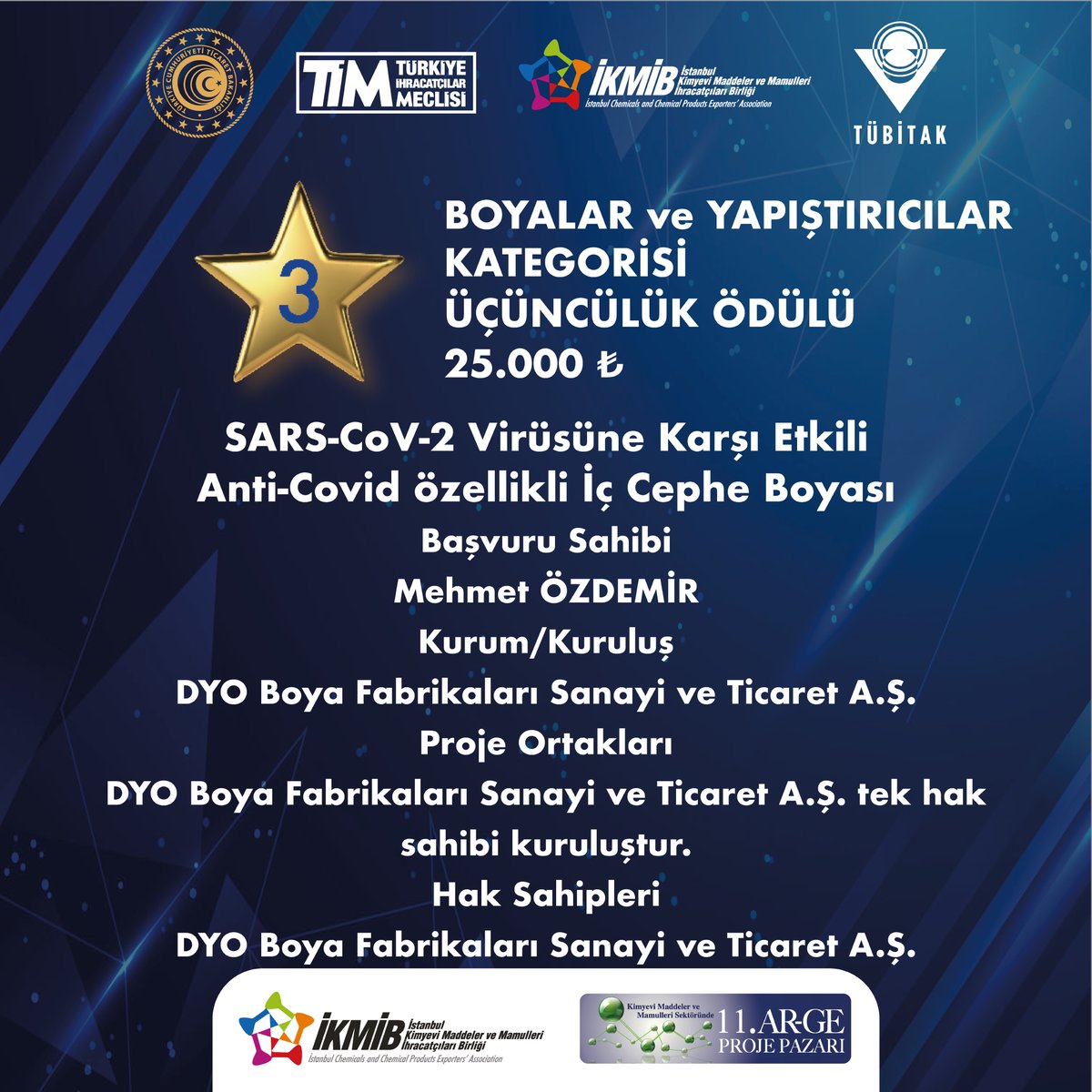 ''Kimyevi Maddeler ve Mamulleri Sektöründe Ar-Ge Proje Pazarı'' etkinliğimizin 11. yılında ''Boyalar ve Yapıştırıcılar'' kategorisinde ödül kazanan proje sahiplerine ve projelerin paydaşlarına başarılarının devamını dileriz.

 #ikmib #kimyaargeprojepazarı #argeprojepazarı
