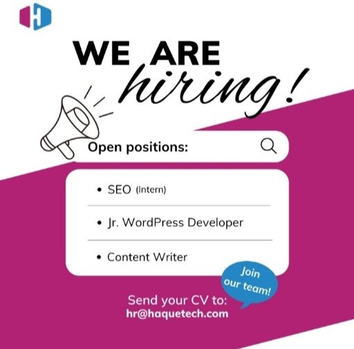HaqueTech's tweet photo. We are looking to hire the following resources to join our team. 

- SEO (Inter)
- Jr. Wordpress Developer
- Content Writer

Night Shift : 11PM to 7AM
5 Working Days

Interested Candidates can send their resume at hr@haquetech.com

 #seo #team #wordpress #developer #hiring https://t.co/94NWo4kmDL