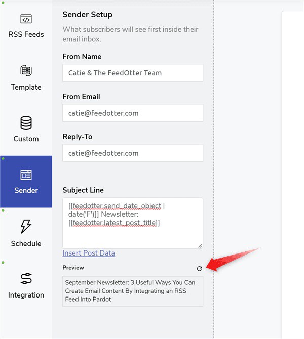 feed_otter's tweet image. Now in the Sender tab(formerly Subject/From), update your subject line and select the Refresh icon to view your subject line with tokens filled in.

Read more 👉 lttr.ai/32I5

#CompanyBlog #OptimizeUserFlow #AutomatedEmailProcess #RssToEmailAutomationCms
