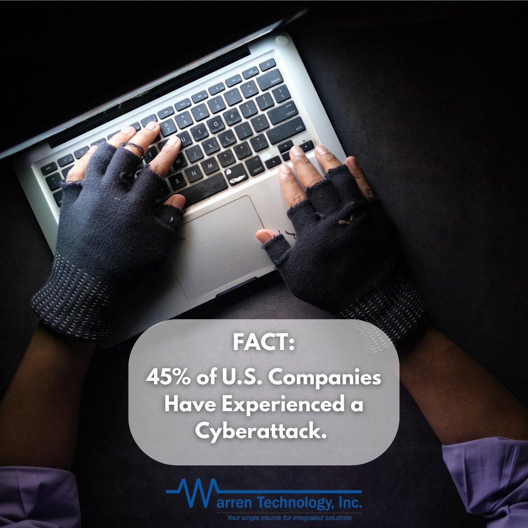WarrenTechnolo1's tweet photo. Did you know? Forty-five percent of U.S. companies have experienced a data breach or other cyberattack. 

It can happen to anyone! Don't neglect the importance of cybersecurity.

When you need a trusted cybersecurity partner, Warren Technology is here to step in. https://t.co/9Kv7JLwOwQ
