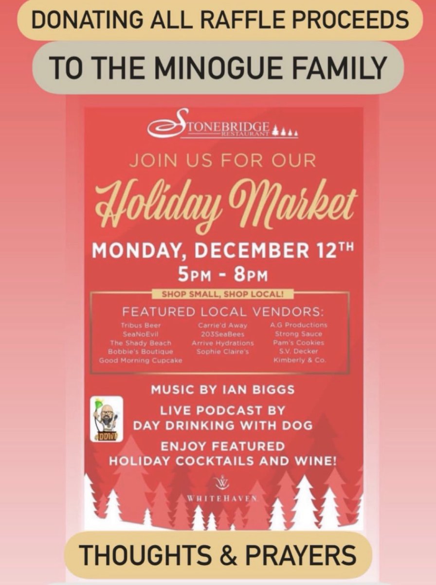 The Holiday Market is happening tonight <a href="/StonebridgeCT/">Stonebridge Rest</a> All of the raffle proceeds will be donated to the Minogue family. #ShopSmall #SpreadLove #KindnessMatters 💜