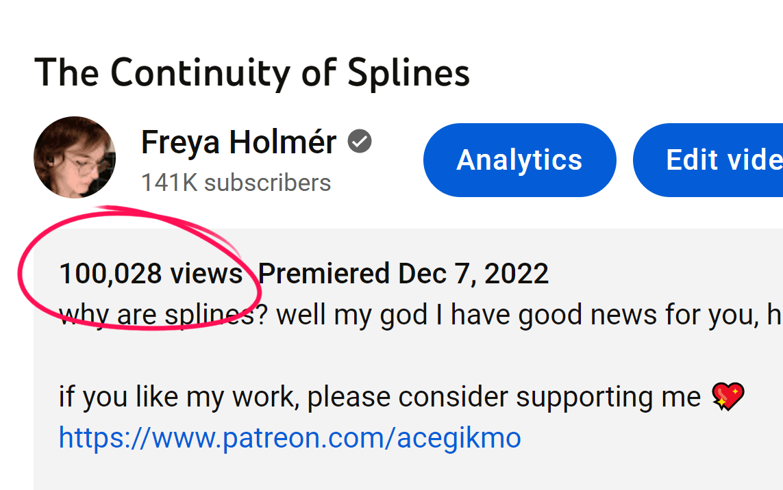 FreyaHolmer's tweet photo. 100K views after 5 days ;-;

I'm so happy you all liked it, I was so nervous it wouldn't live up to the bézier vid 💖 https://t.co/jVBprvbn9r
