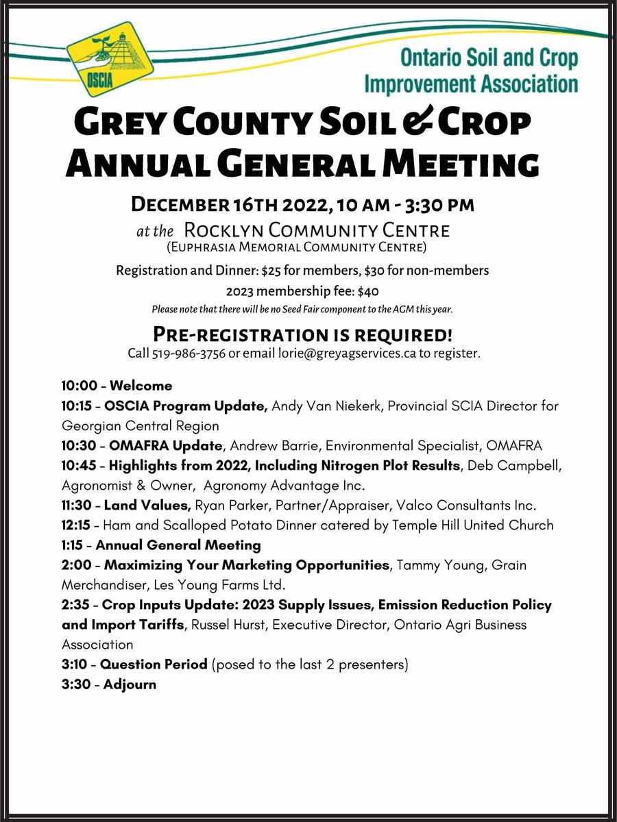 Grey County Soil &amp; Crop AGM is this coming Friday in Rocklyn. Please register ahead of time to give us an idea on numbers for lunch